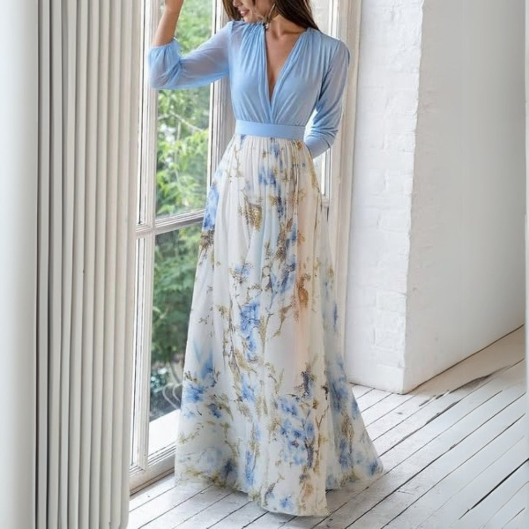 Women's Light Blue Chiffon Maxi Dress - Floral Skirt V-Neck