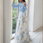Women's Light Blue Chiffon Maxi Dress - Floral Skirt V-Neck