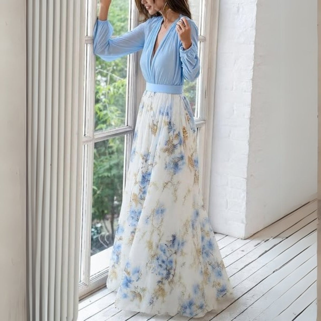 Women's Light Blue Chiffon Maxi Dress - Floral Skirt V-Neck