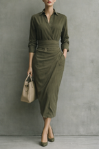 Women's Ruched Waist Collared Midi Wrap Dress - Long Sleeve
