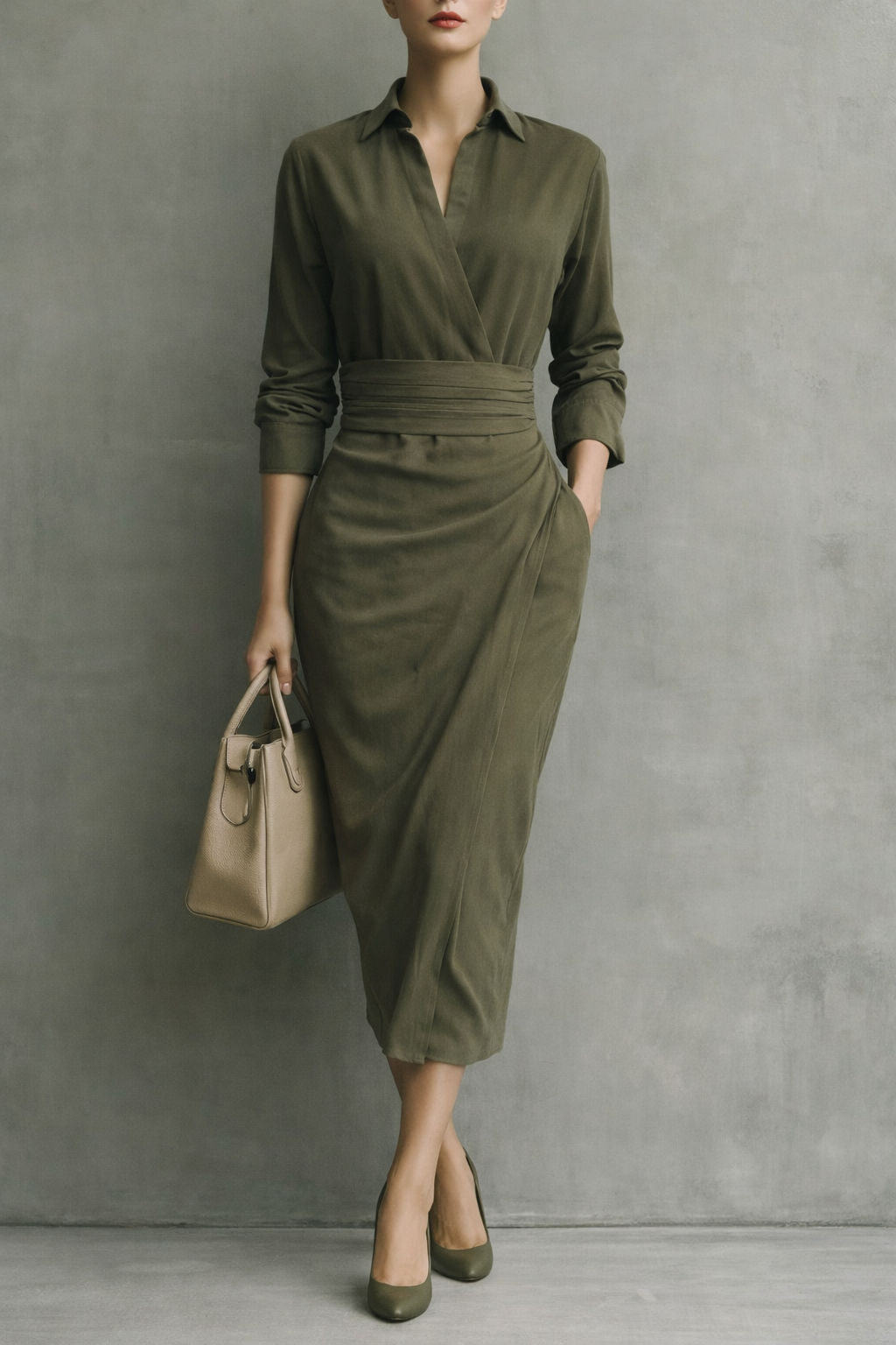 Women's Ruched Waist Collared Midi Wrap Dress - Long Sleeve