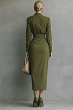Women's Ruched Waist Collared Midi Wrap Dress - Long Sleeve