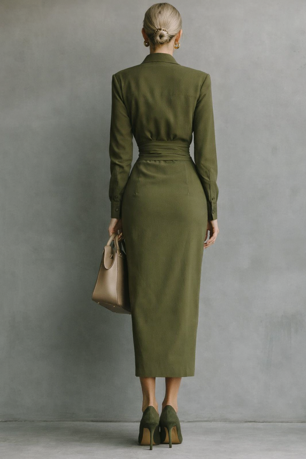 Women's Ruched Waist Collared Midi Wrap Dress - Long Sleeve