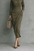 Women's Ruched Waist Collared Midi Wrap Dress - Long Sleeve