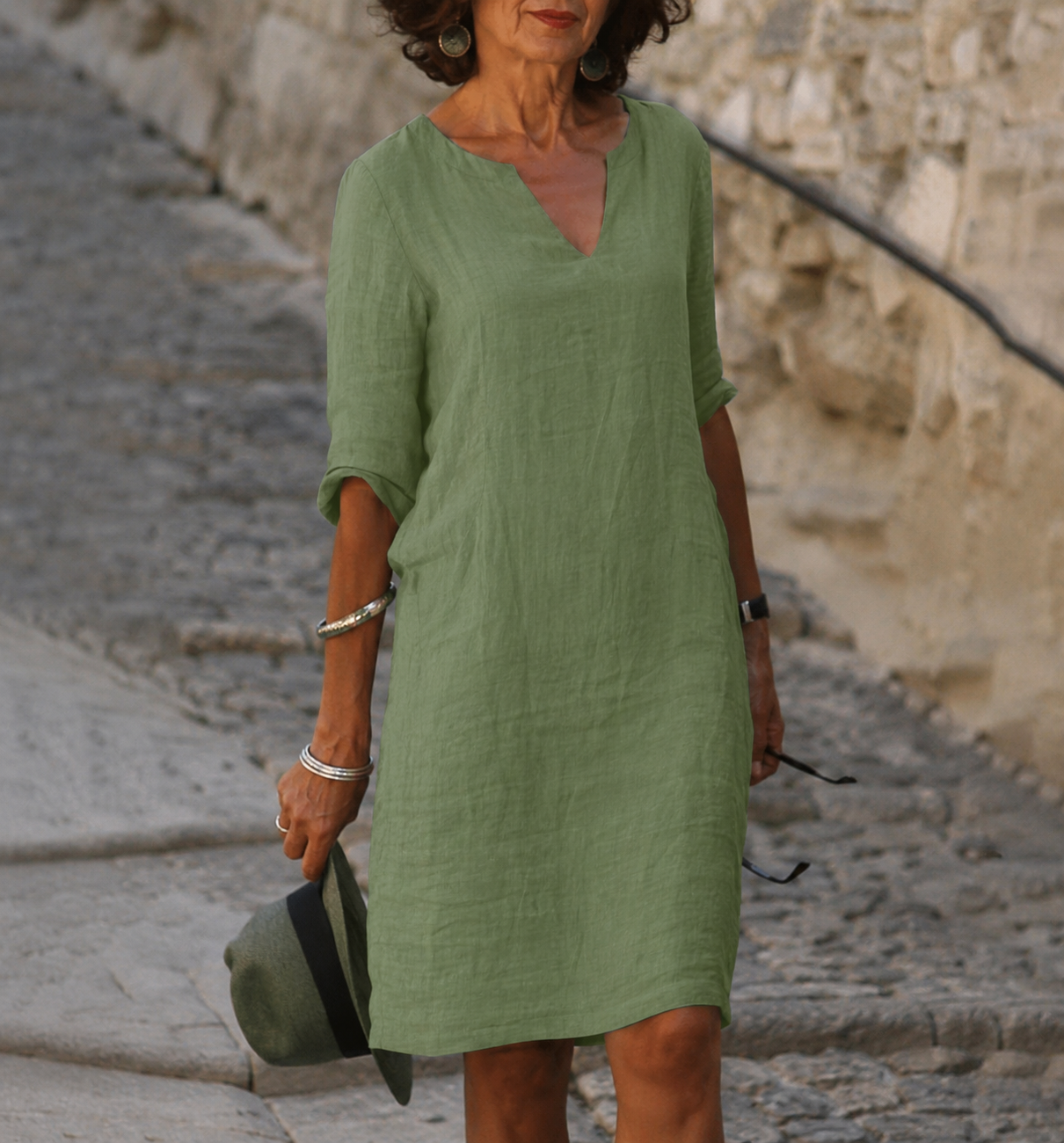 Women's Turquoise V-Neck Linen Summer Dress