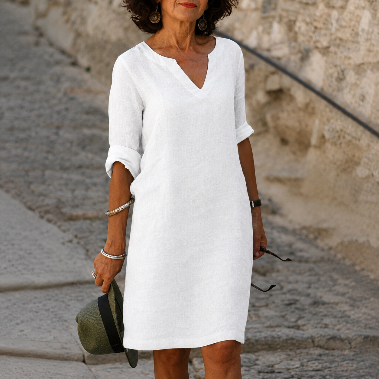 Women's Turquoise V-Neck Linen Summer Dress