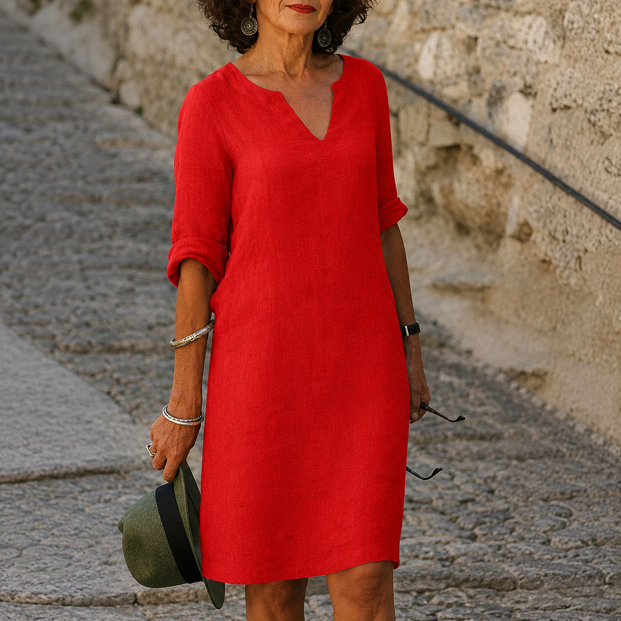 Women's Turquoise V-Neck Linen Summer Dress