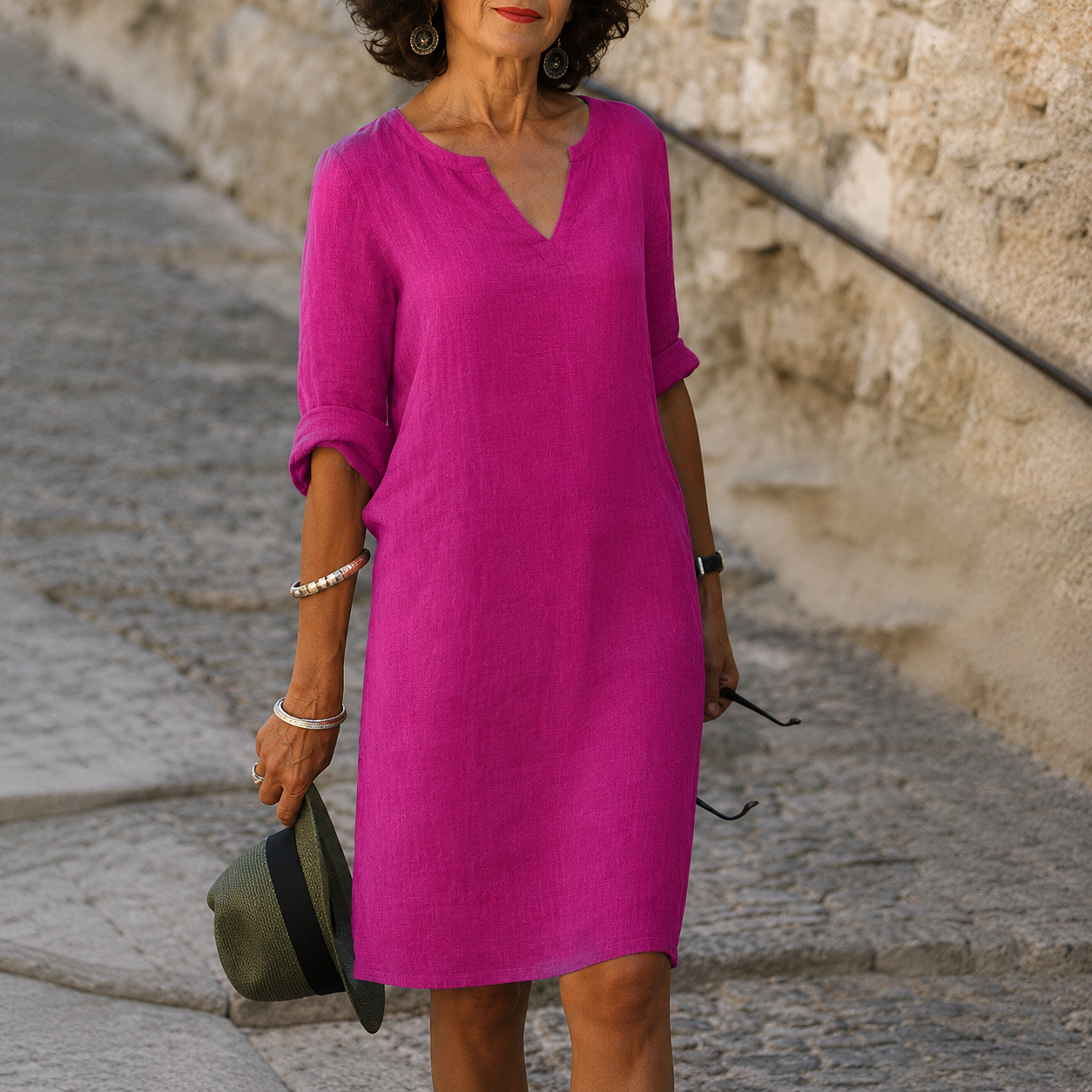 Women's Turquoise V-Neck Linen Summer Dress