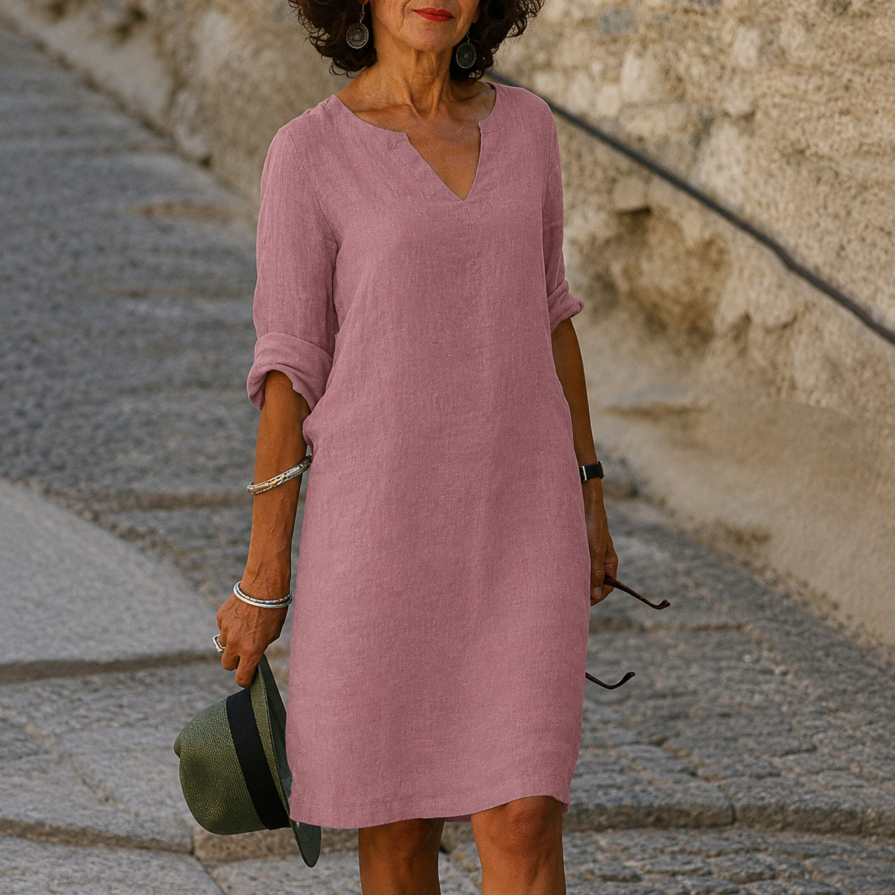Women's Turquoise V-Neck Linen Summer Dress