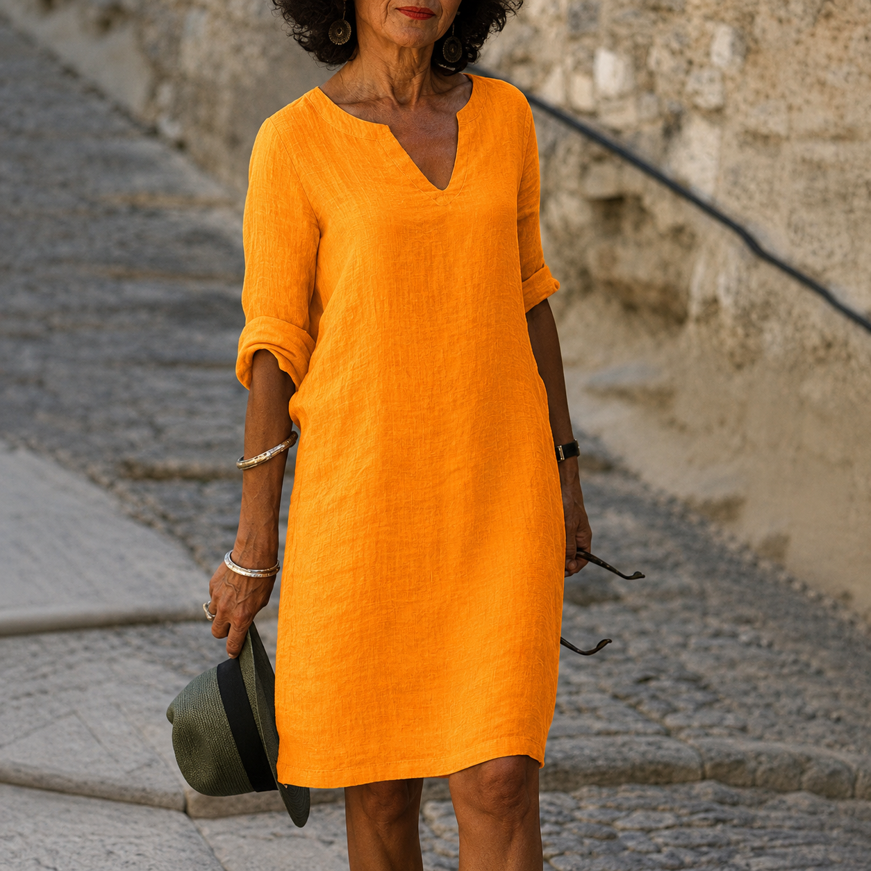 Women's Turquoise V-Neck Linen Summer Dress