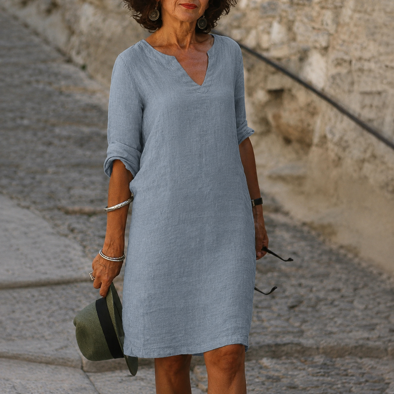 Women's Turquoise V-Neck Linen Summer Dress