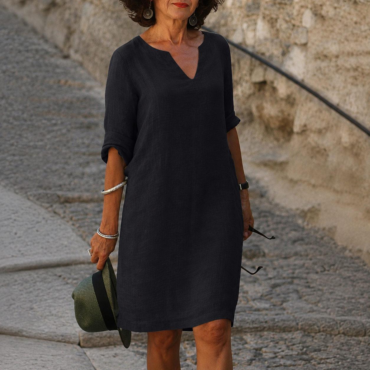 Women's Turquoise V-Neck Linen Summer Dress