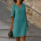Women's Turquoise V-Neck Linen Summer Dress