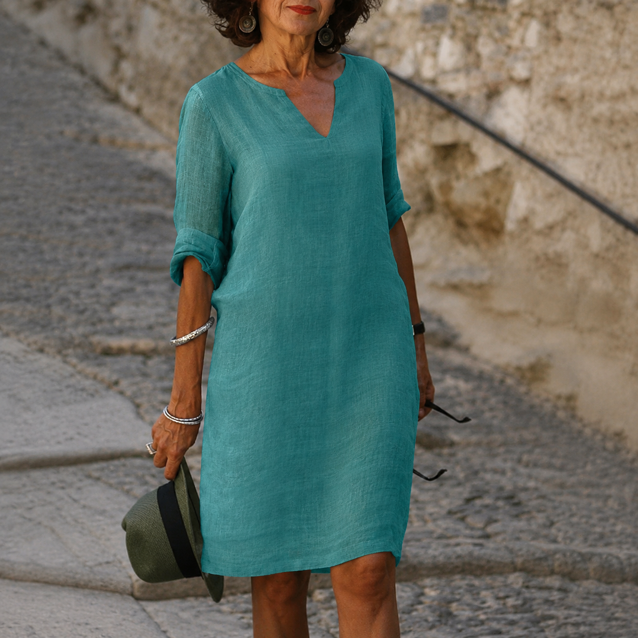 Women's Turquoise V-Neck Linen Summer Dress