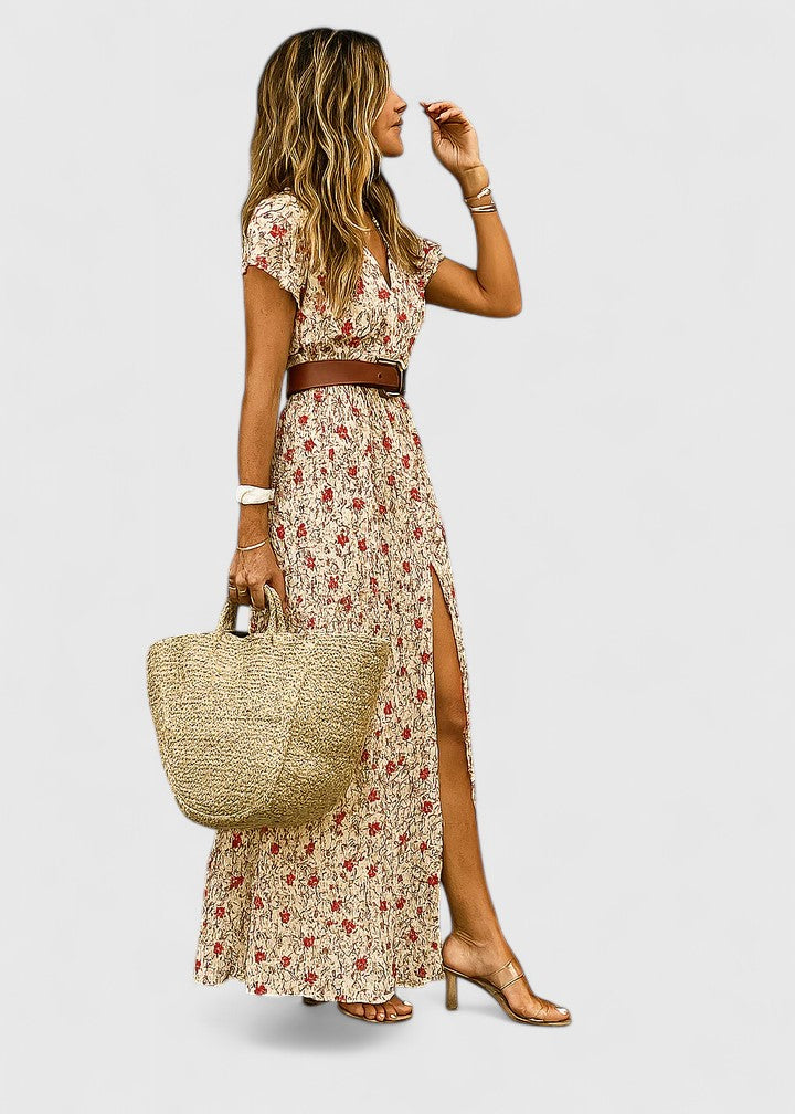 Women's Navy Printed Maxi Dress - V-Neck Belted Side Slit