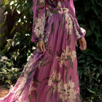 Women's Purple Floral Maxi Dress - V-Neck Long Puff Sleeve