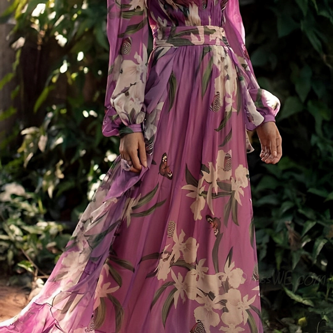 Women's Purple Floral Maxi Dress - V-Neck Long Puff Sleeve