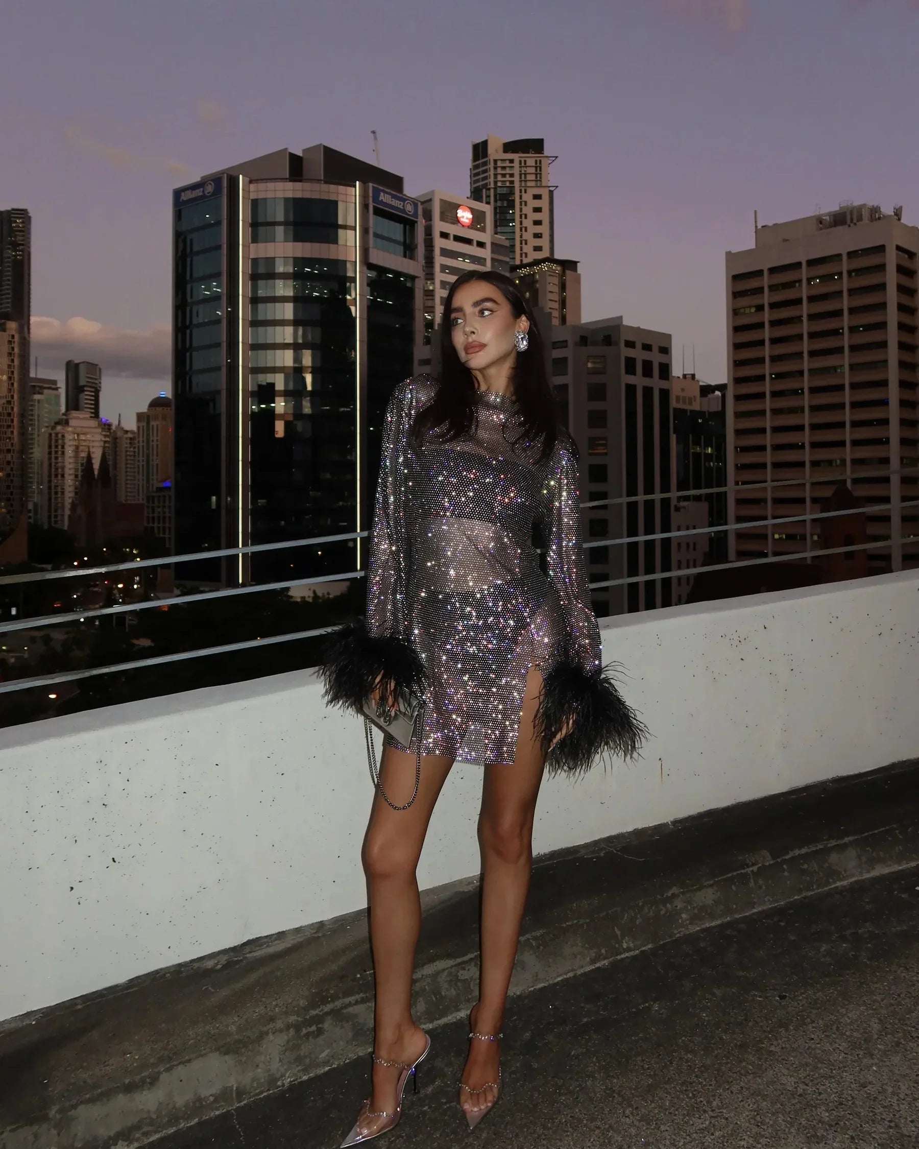 Polly - Women's Shimmer Cocktail Mini Dress with Feather Cuffs