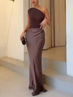 Women's Elegant One Shoulder Pleated Party Maxi Dress