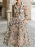 Embroidered Metallic Leaf Mesh Midi Dress - Midi Dress CASA LARO