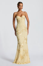 Thea - Women's Floral Jacquard Corset Bodice Maxi Dress