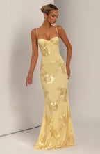 Thea - Women's Floral Jacquard Corset Bodice Maxi Dress