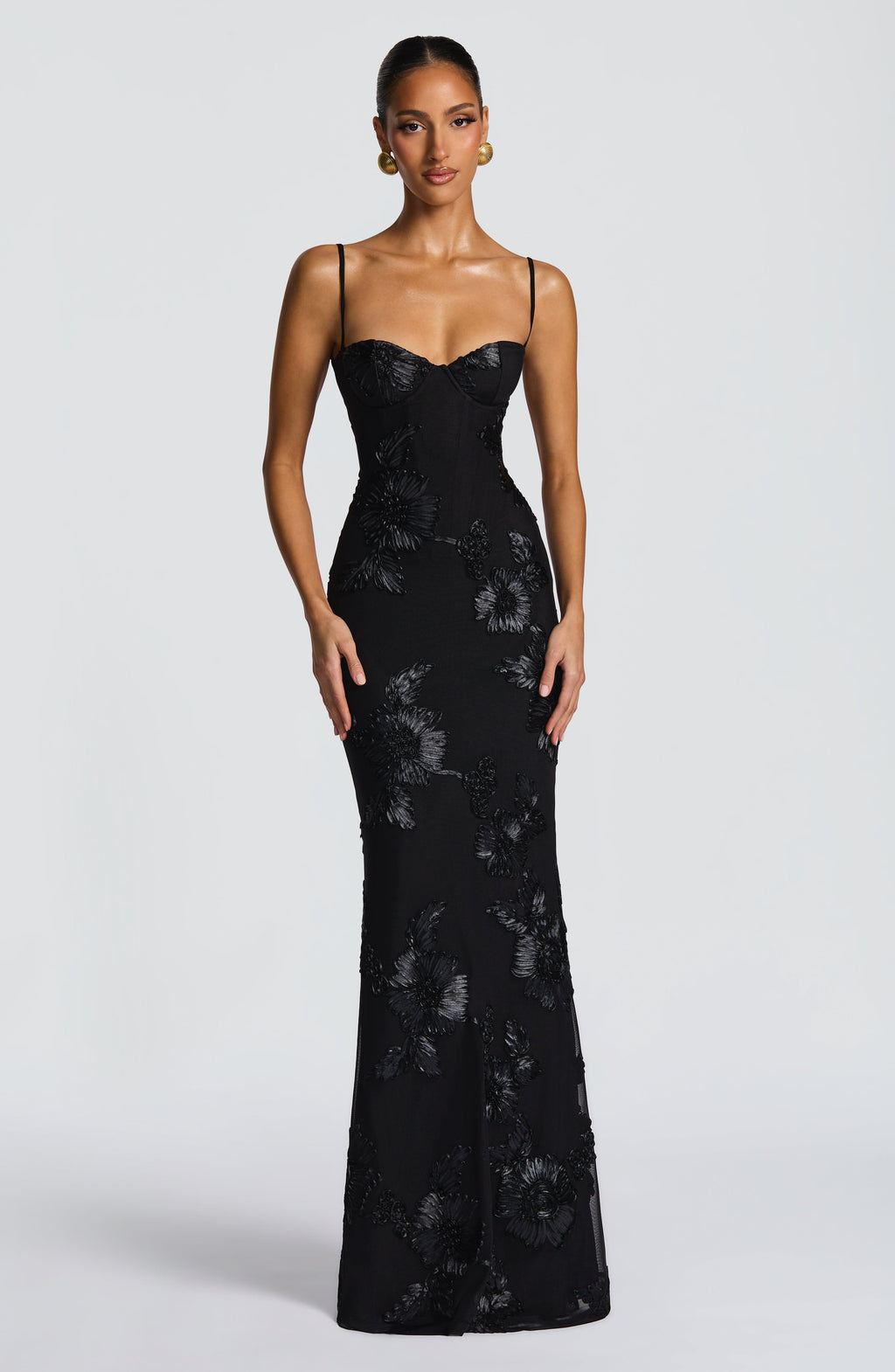 Thea - Women's Floral Jacquard Corset Bodice Maxi Dress