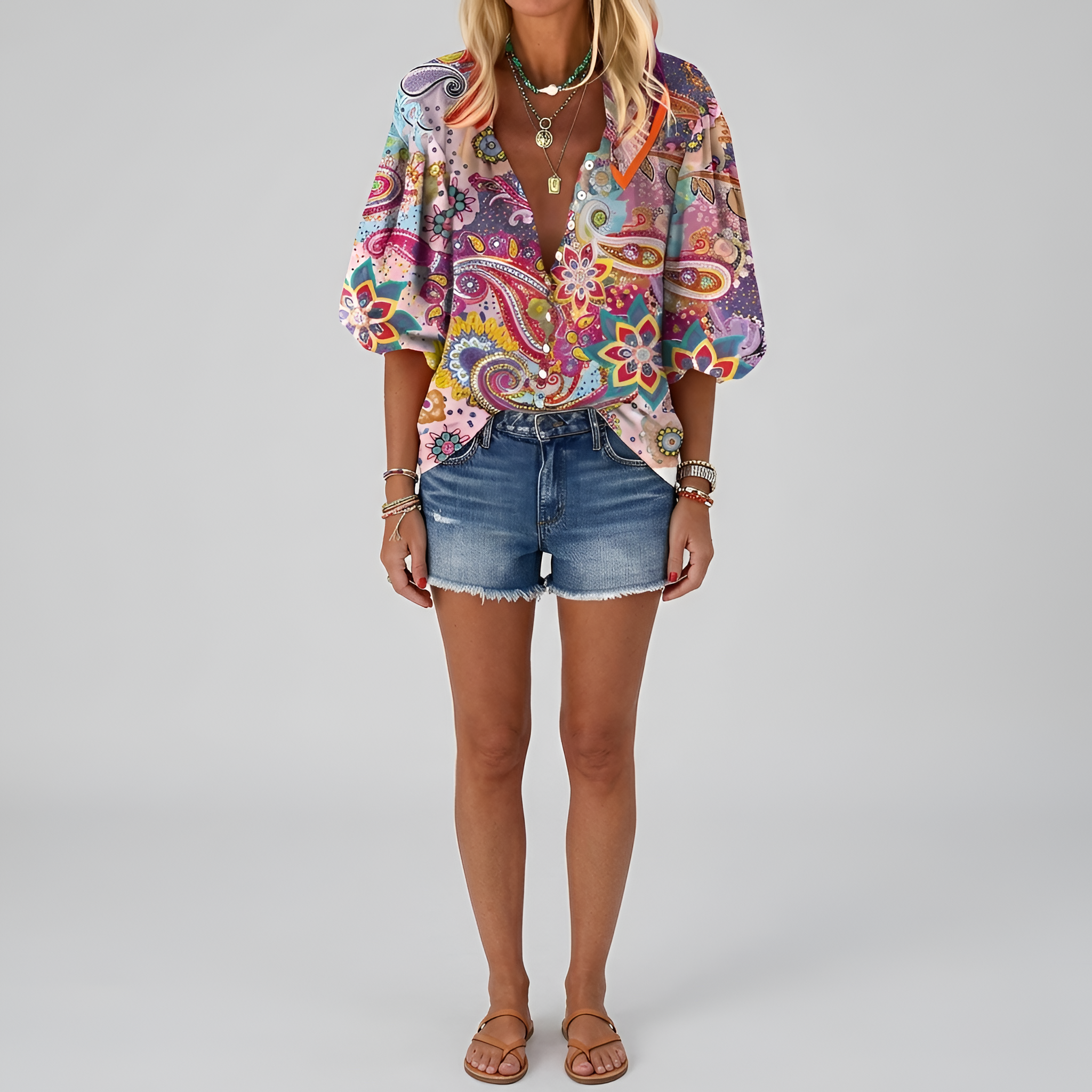 Women's Sage Floral Button-Front Blouse - Long Sleeve