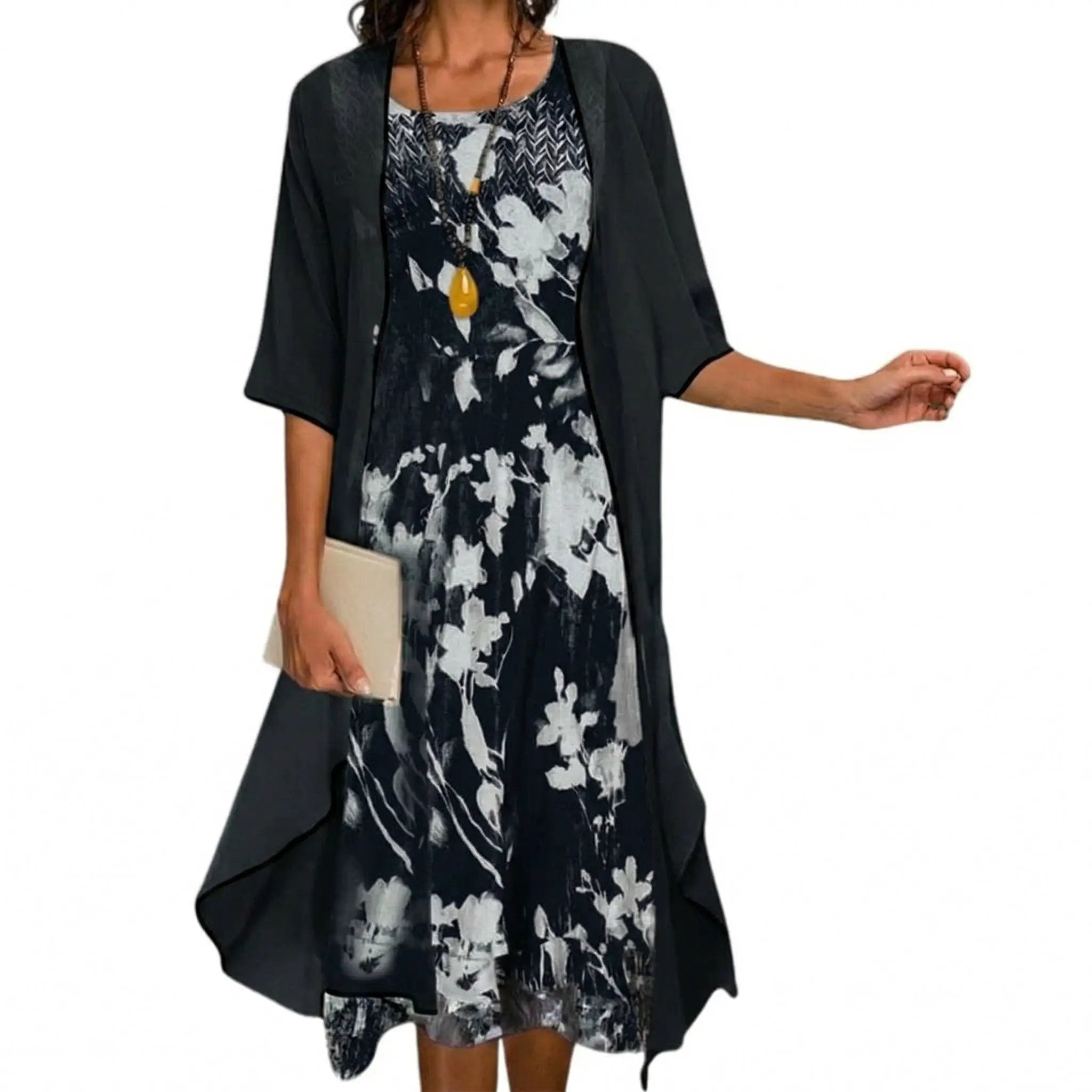 Women's Floral Short Sleeve Maxi Dress & Cardigan Two-Piece Set