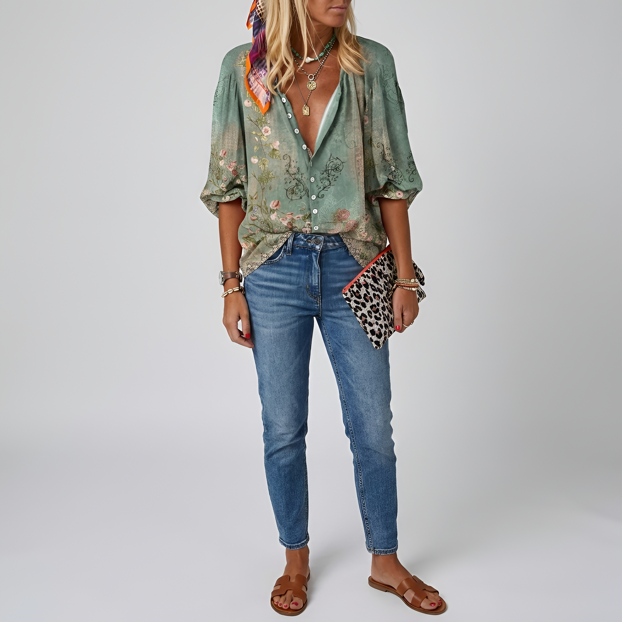 Women's Sage Floral Button-Front Blouse - Long Sleeve