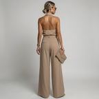 Women's Halter Neck Palazzo Jumpsuit - Taupe Belted