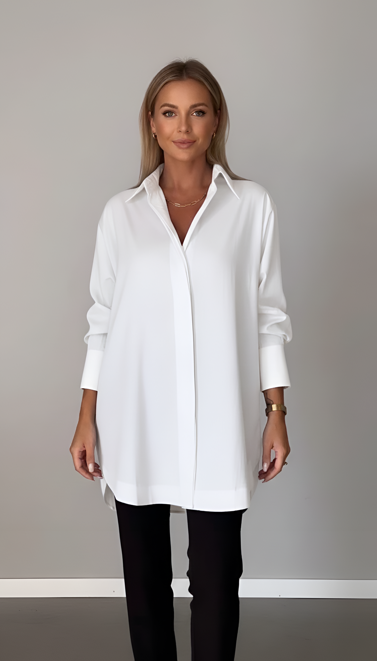 Women's Oversized White Button-Up Shirt - Long Sleeve with Classic Collar