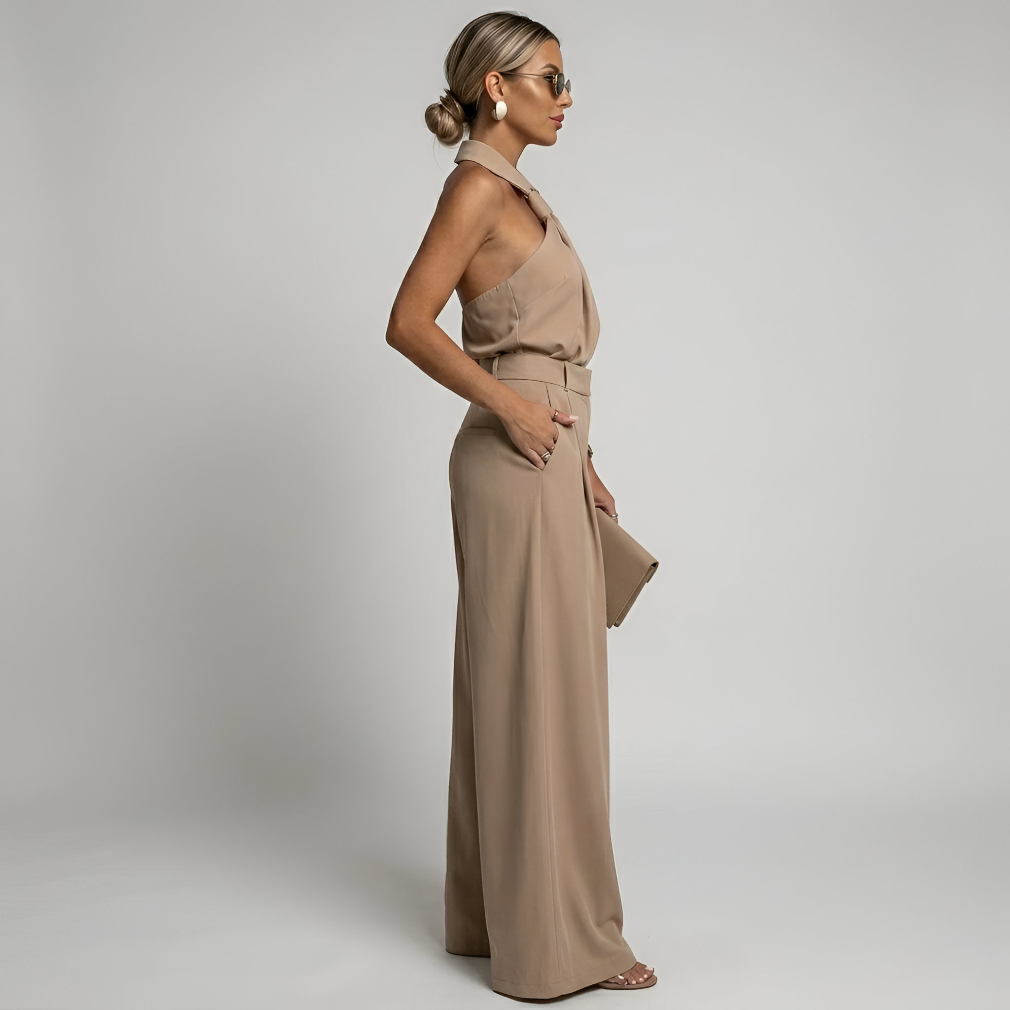Women's Halter Neck Palazzo Jumpsuit - Taupe Belted