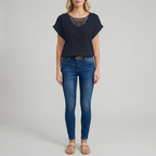 Women's Crochet Knit Short Sleeve Top with Crew Neck