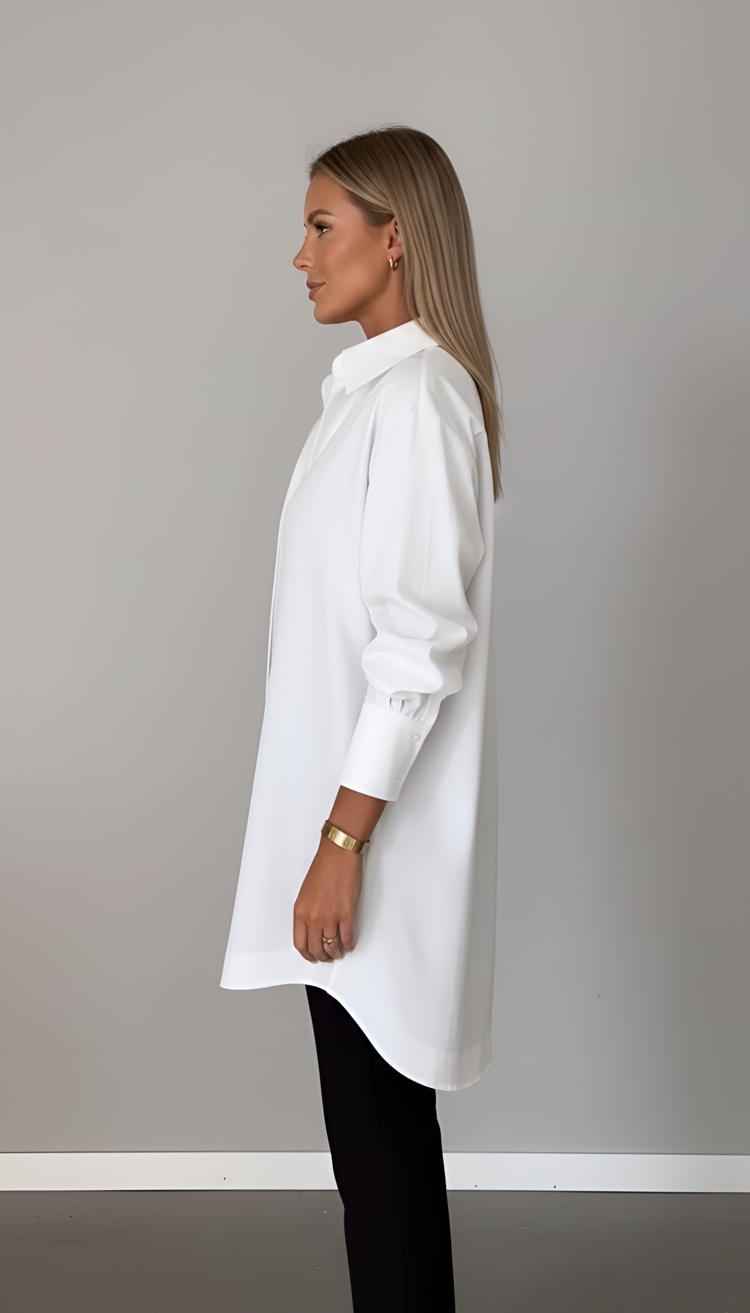 Women's Oversized White Button-Up Shirt - Long Sleeve with Classic Collar