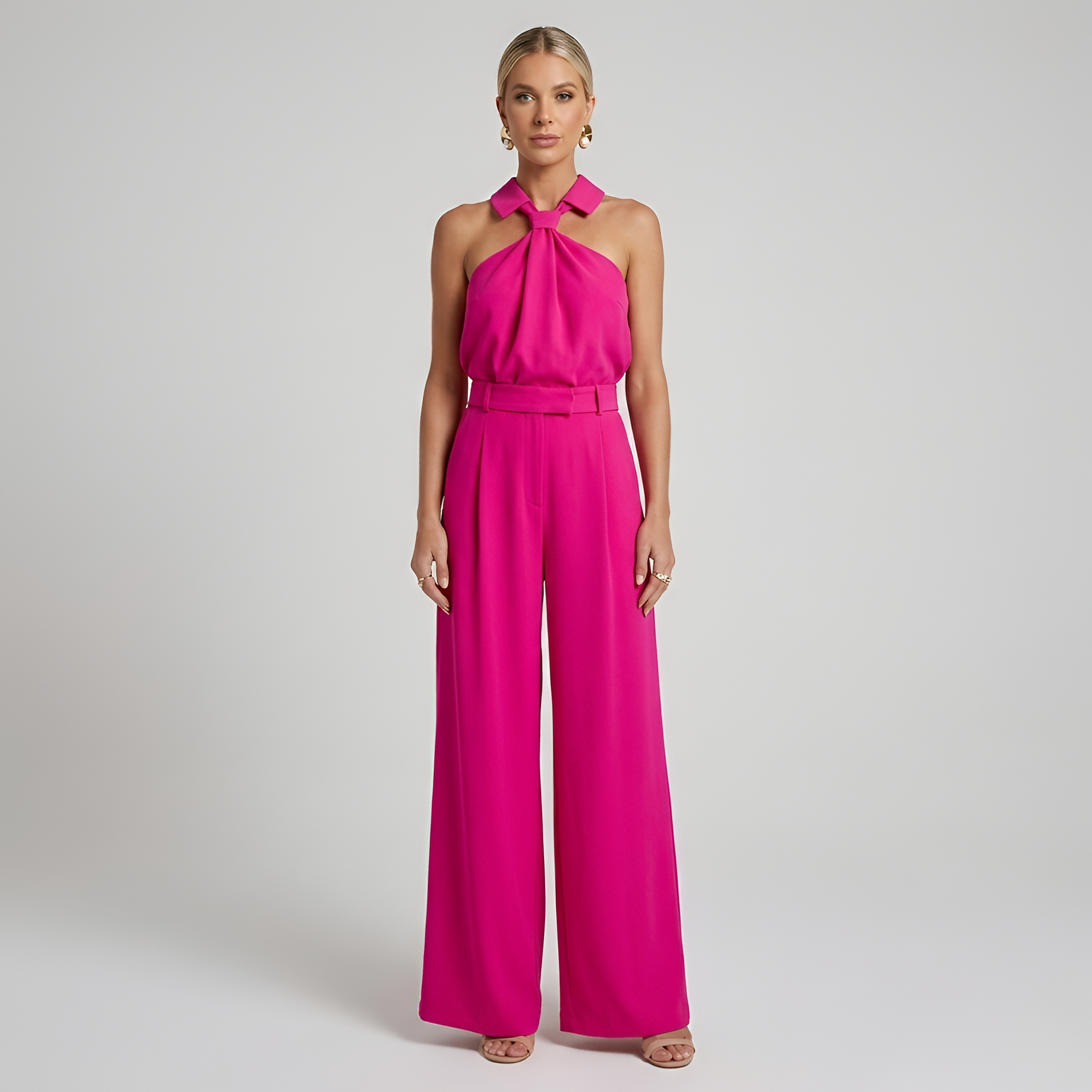 Women's Halter Neck Palazzo Jumpsuit - Taupe Belted