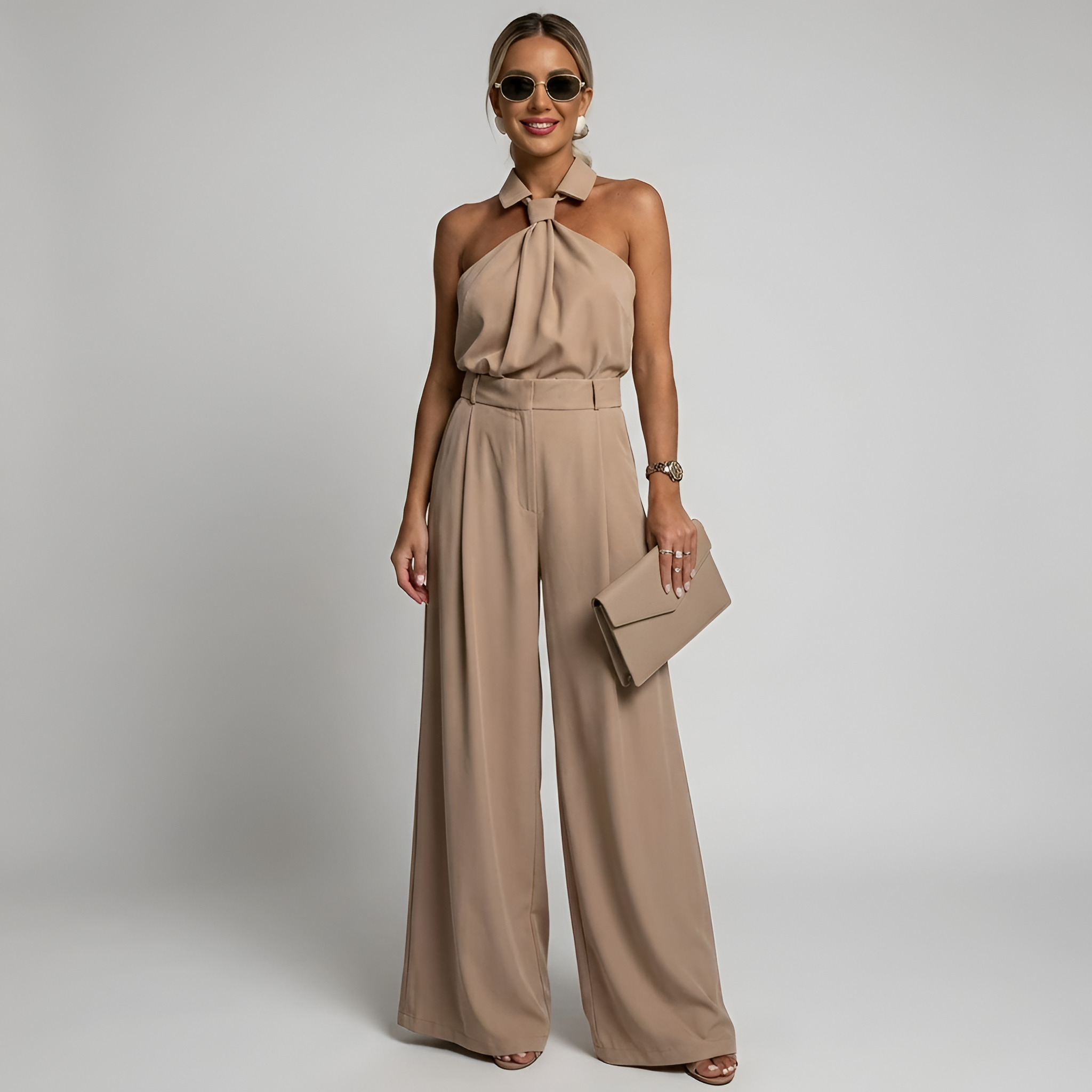 Women's Halter Neck Palazzo Jumpsuit - Taupe Belted