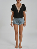 Women's V-Neck Short Sleeve Top with Lace Trim Detail