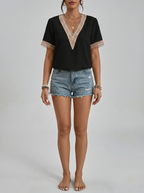 Women's V-Neck Short Sleeve Top with Lace Trim Detail