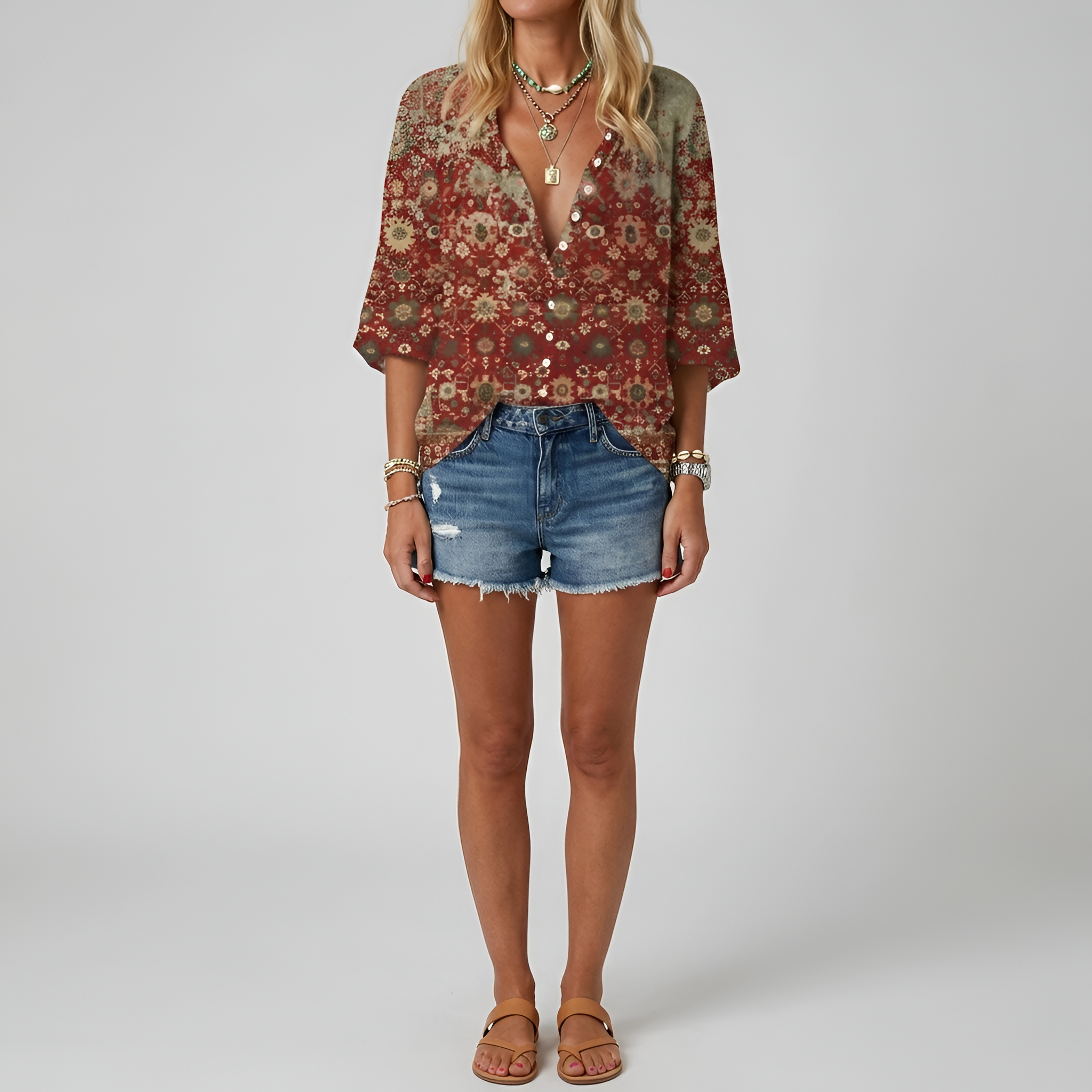 Women's Sage Floral Button-Front Blouse - Long Sleeve