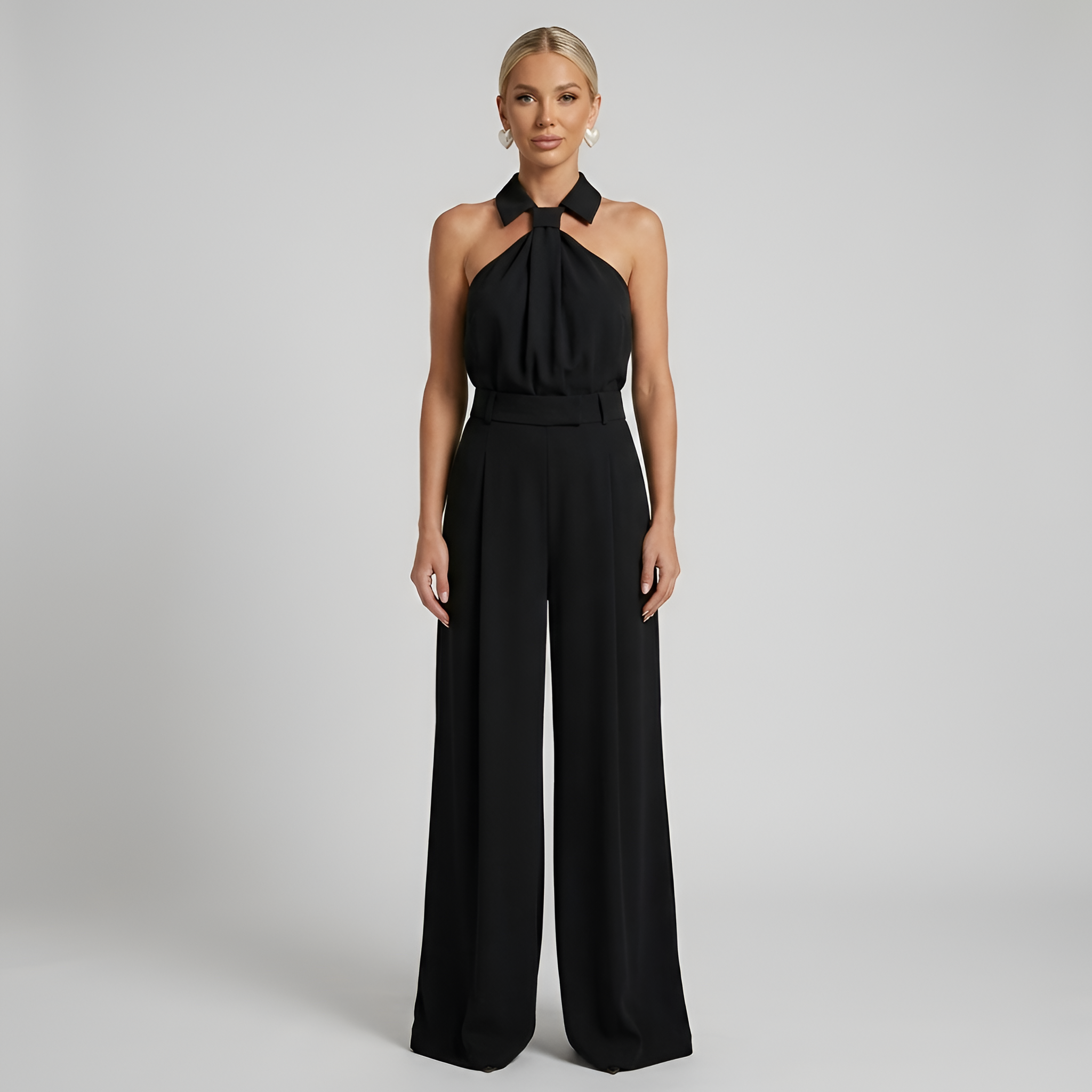 Women's Halter Neck Palazzo Jumpsuit - Taupe Belted