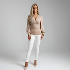 Women's Printed V-Neck Blouse with Long Sleeves