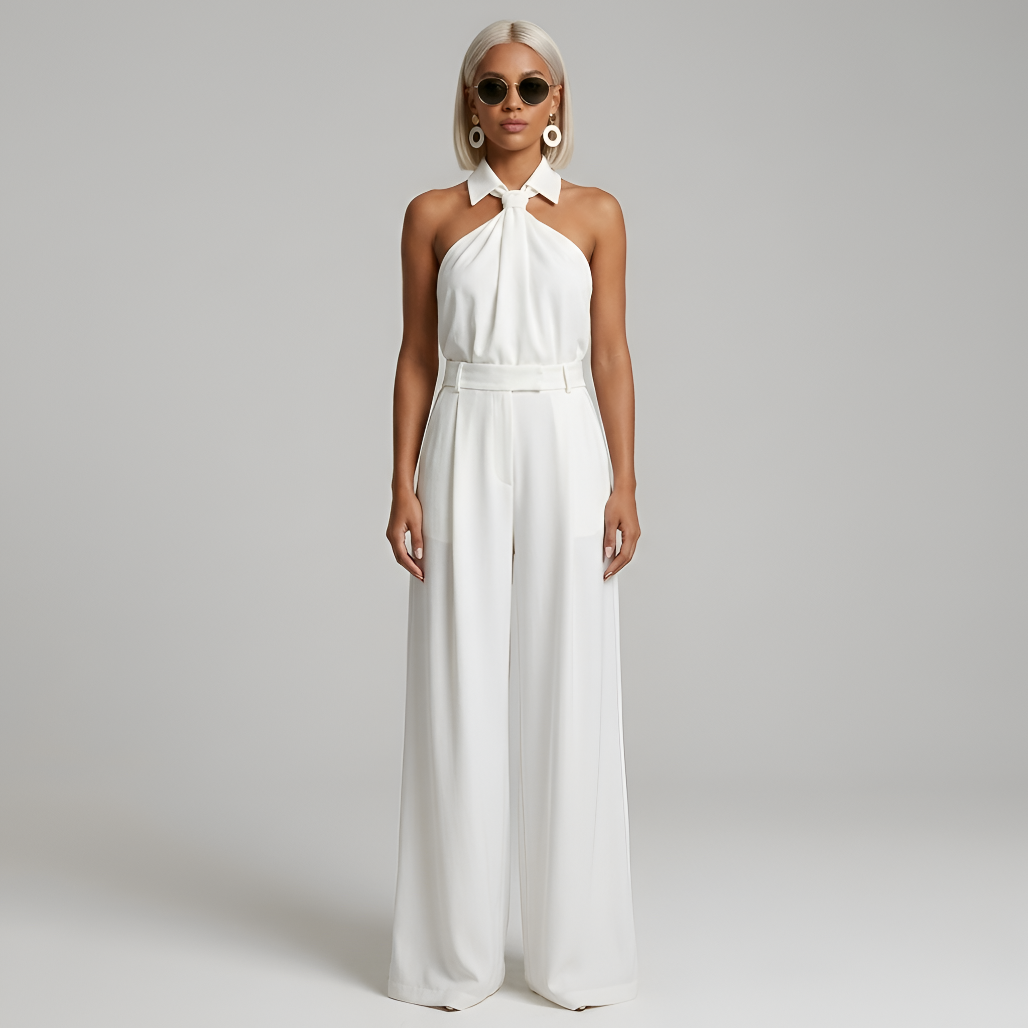 Women's Halter Neck Palazzo Jumpsuit - Taupe Belted