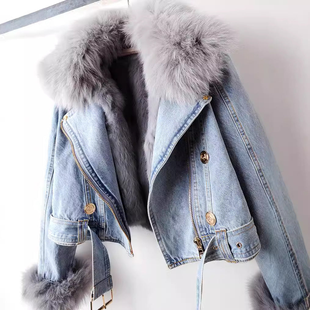 Margaux - Women's Fur-Trimmed Cropped Denim Coat