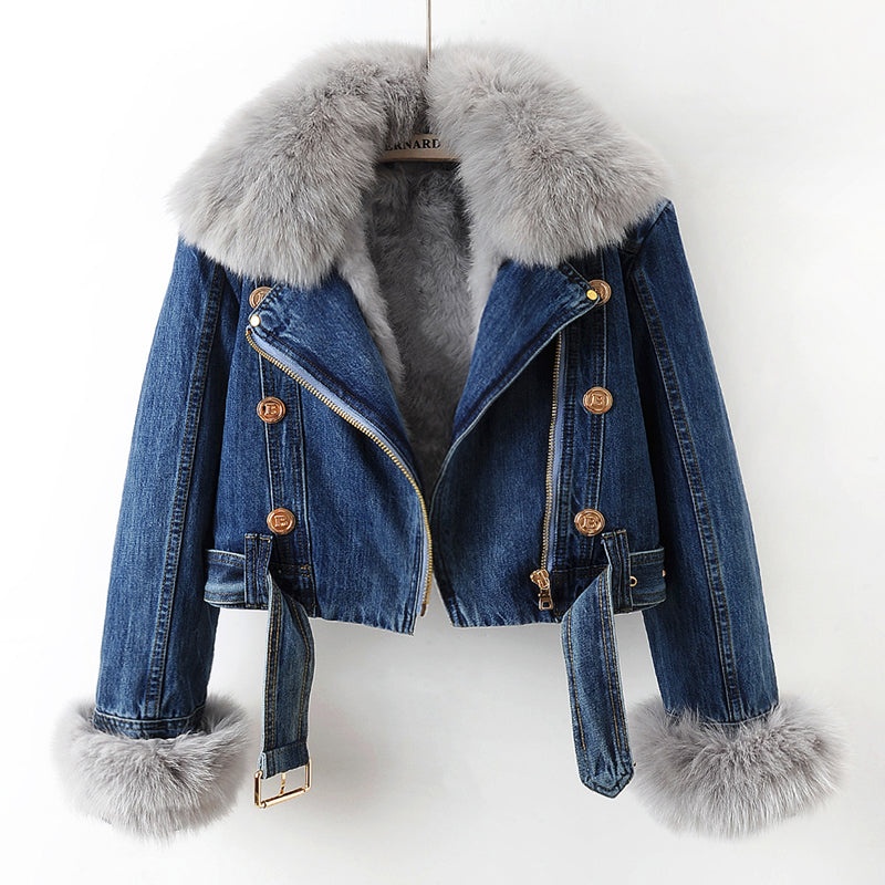 Margaux - Women's Fur-Trimmed Cropped Denim Coat