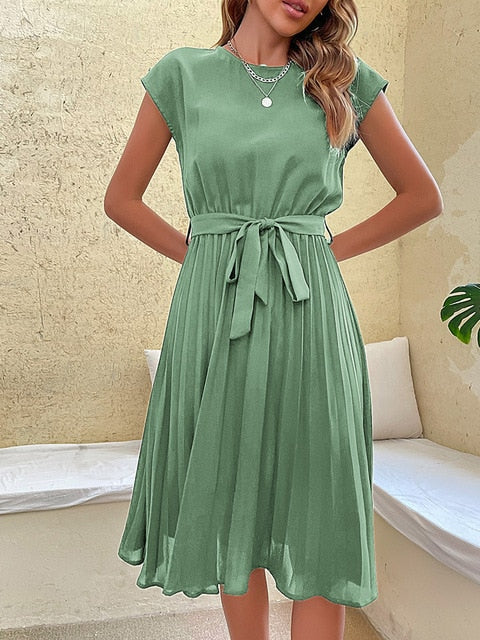 Women's Black Pleated Mini Dress - Cap Sleeve Tie Waist