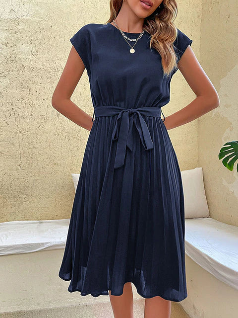 Women's Black Pleated Mini Dress - Cap Sleeve Tie Waist