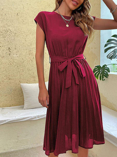 Women's Black Pleated Mini Dress - Cap Sleeve Tie Waist