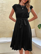 Women's Black Pleated Mini Dress - Cap Sleeve Tie Waist