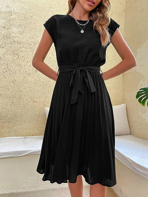 Women's Black Pleated Mini Dress - Cap Sleeve Tie Waist